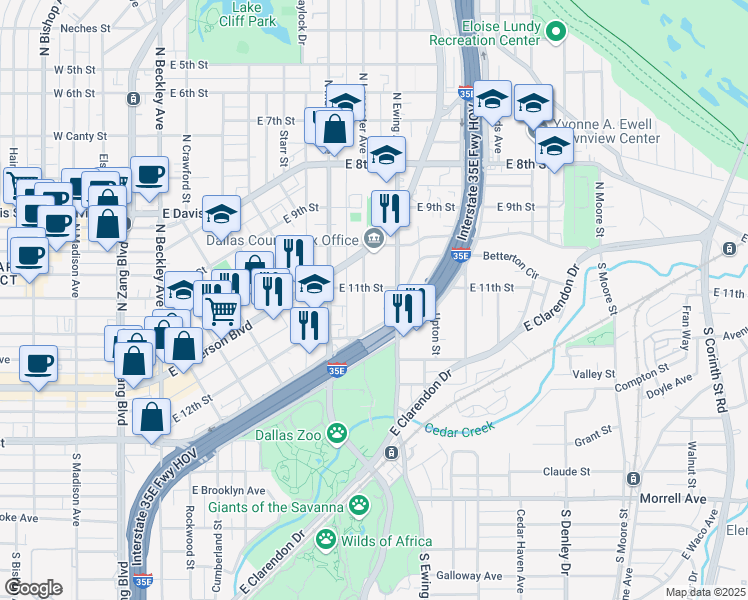 map of restaurants, bars, coffee shops, grocery stores, and more near 201 South Ewing Avenue in Dallas
