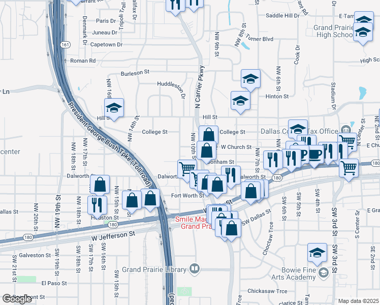 map of restaurants, bars, coffee shops, grocery stores, and more near 522 Northwest 11th Street in Grand Prairie