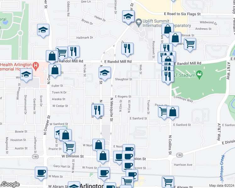 map of restaurants, bars, coffee shops, grocery stores, and more near 301 East Rogers Street in Arlington