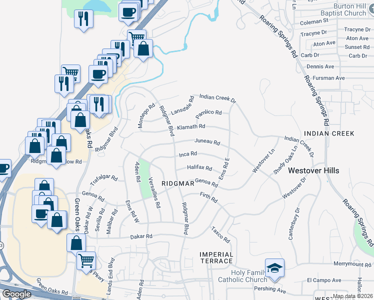 map of restaurants, bars, coffee shops, grocery stores, and more near 6349 Juneau Road in Fort Worth