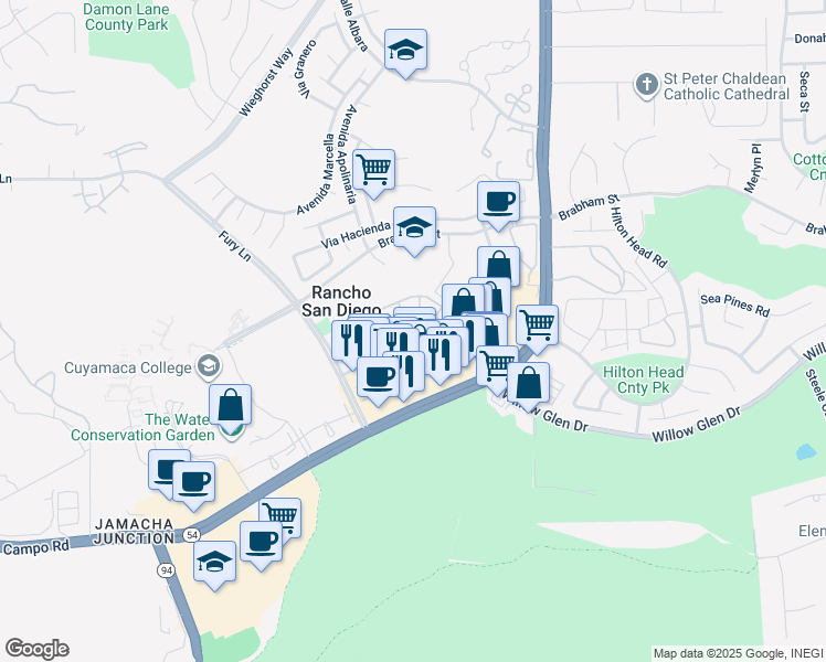 map of restaurants, bars, coffee shops, grocery stores, and more near 11428 Via Rancho San Diego in El Cajon