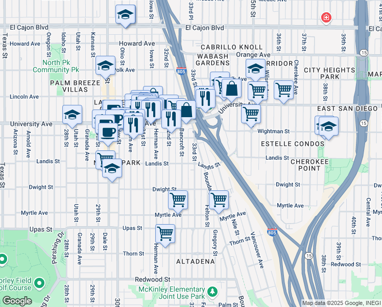 map of restaurants, bars, coffee shops, grocery stores, and more near 3752 33rd Street in San Diego