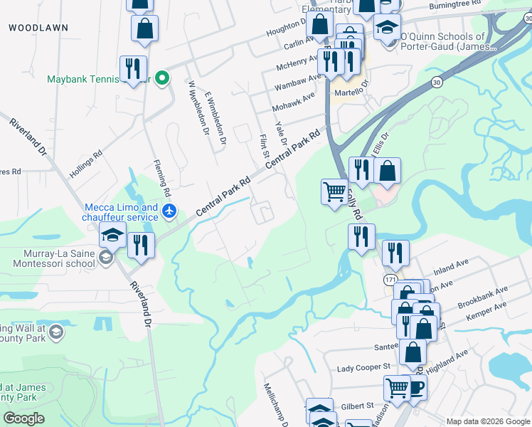 map of restaurants, bars, coffee shops, grocery stores, and more near 1815 Central Park Rd in Charleston