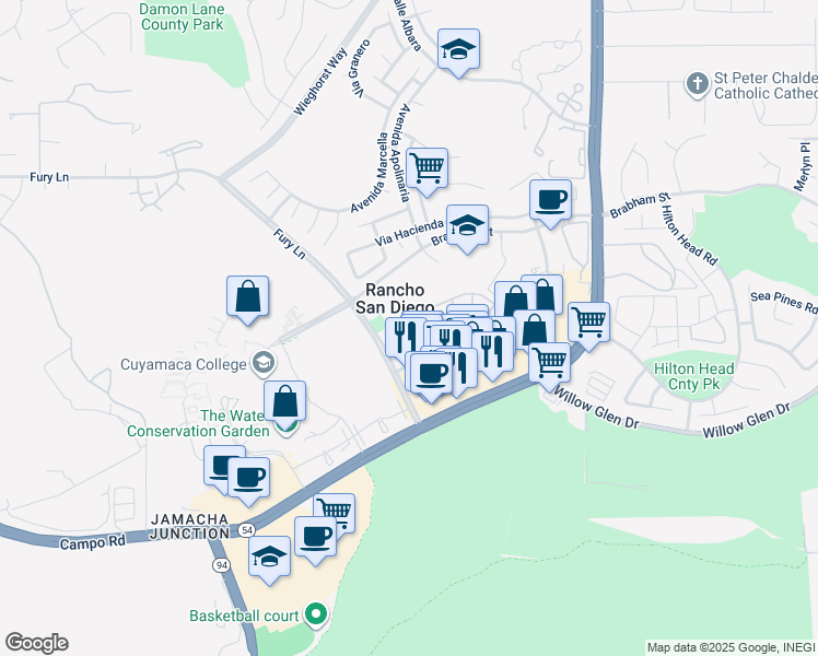 map of restaurants, bars, coffee shops, grocery stores, and more near 11368 Via Rancho San Diego in El Cajon