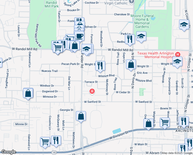 map of restaurants, bars, coffee shops, grocery stores, and more near 1512 Wilshire Blvd in Arlington
