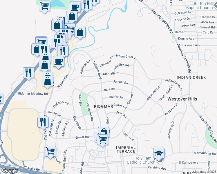 map of restaurants, bars, coffee shops, grocery stores, and more near 6349 Juneau Road in Fort Worth