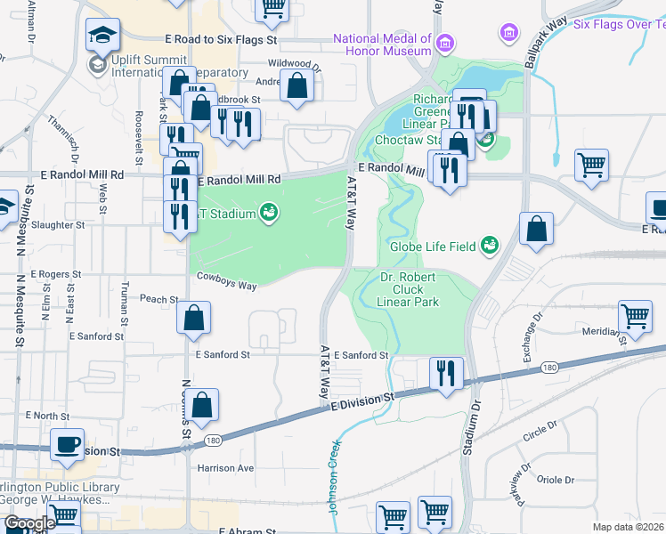 map of restaurants, bars, coffee shops, grocery stores, and more near Cowboys Way in Arlington