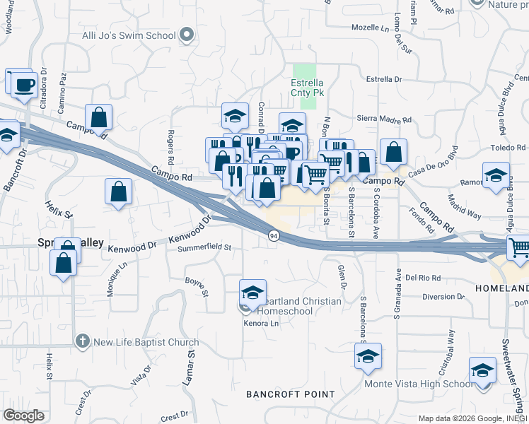 map of restaurants, bars, coffee shops, grocery stores, and more near 3735 Kenora Drive in Spring Valley