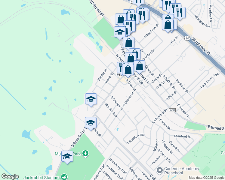 map of restaurants, bars, coffee shops, grocery stores, and more near 318 South Bois D Arc Street in Forney