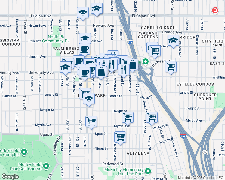 map of restaurants, bars, coffee shops, grocery stores, and more near 3738 Herman Avenue in San Diego