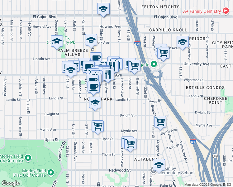 map of restaurants, bars, coffee shops, grocery stores, and more near 3735 31st Street in San Diego