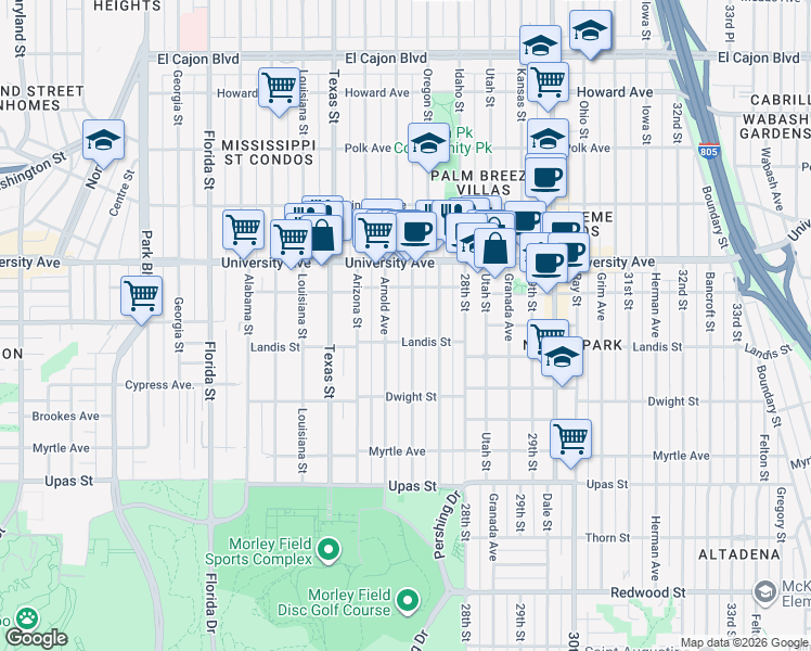 map of restaurants, bars, coffee shops, grocery stores, and more near 3739 Arnold Avenue in San Diego