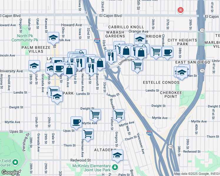 map of restaurants, bars, coffee shops, grocery stores, and more near 3761 Boundary Street in San Diego