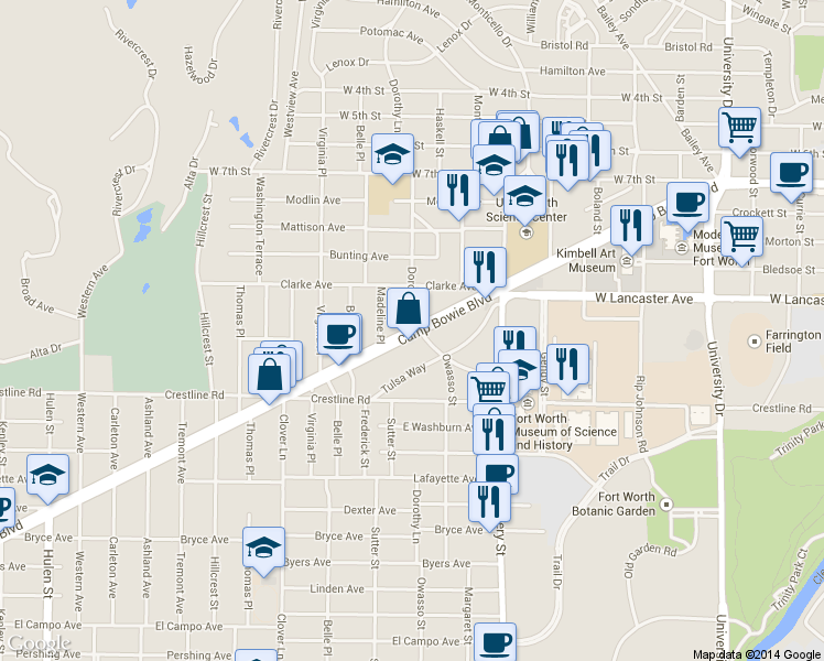 map of restaurants, bars, coffee shops, grocery stores, and more near Camp Bowie Blvd & Dorothy Ln in Fort Worth