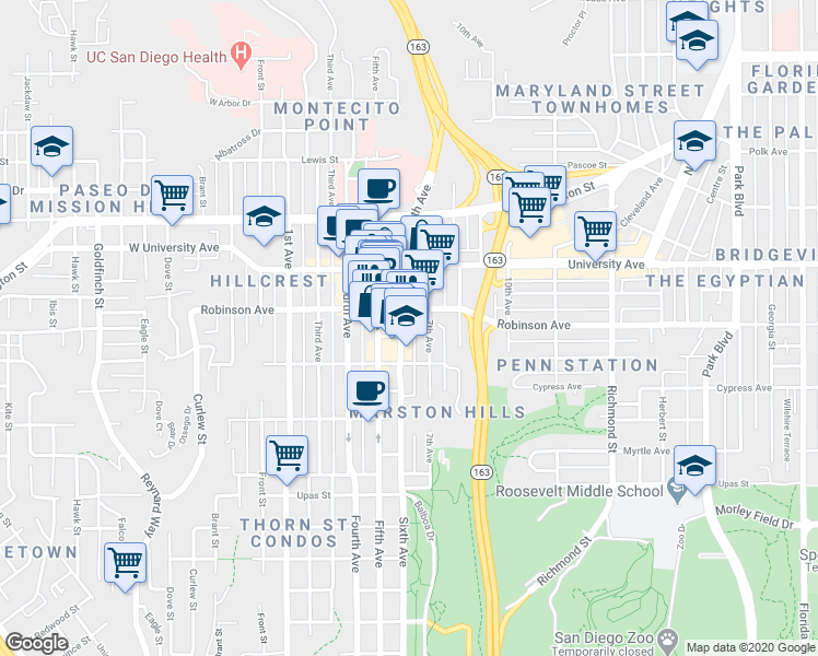 map of restaurants, bars, coffee shops, grocery stores, and more near 3761 6th Avenue in San Diego