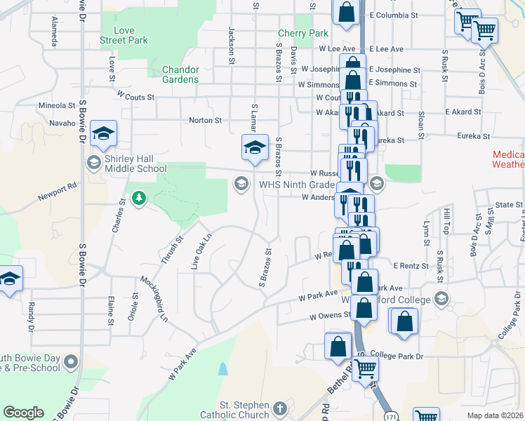 map of restaurants, bars, coffee shops, grocery stores, and more near 1121 Story Book Lane in Weatherford