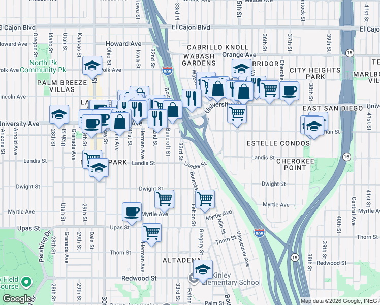 map of restaurants, bars, coffee shops, grocery stores, and more near 3752 Nile Street in San Diego