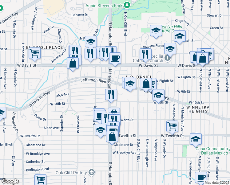 map of restaurants, bars, coffee shops, grocery stores, and more near 305 North Tennant Street in Dallas