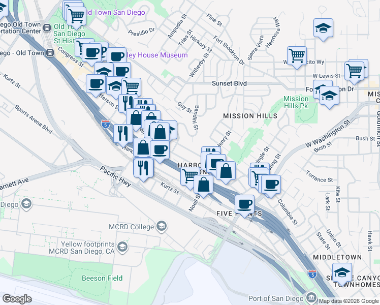 map of restaurants, bars, coffee shops, grocery stores, and more near 2045 West California Street in San Diego