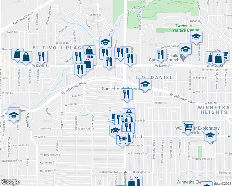 map of restaurants, bars, coffee shops, grocery stores, and more near 2427 Marvin Avenue in Dallas
