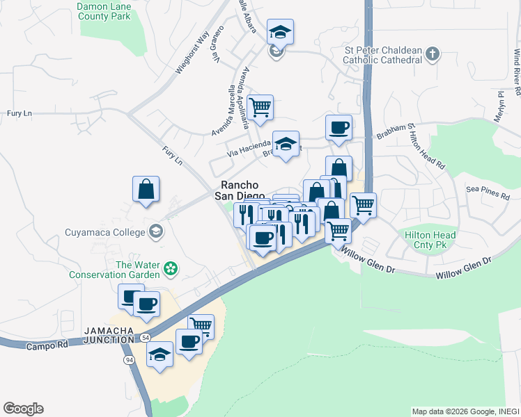map of restaurants, bars, coffee shops, grocery stores, and more near 11378 Via Rancho San Diego in El Cajon