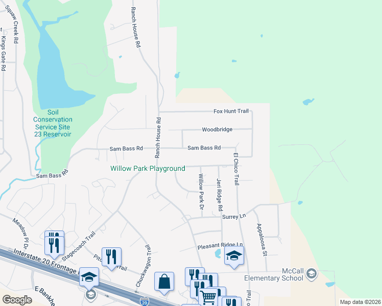 map of restaurants, bars, coffee shops, grocery stores, and more near 1206 Sam Bass Road in Willow Park