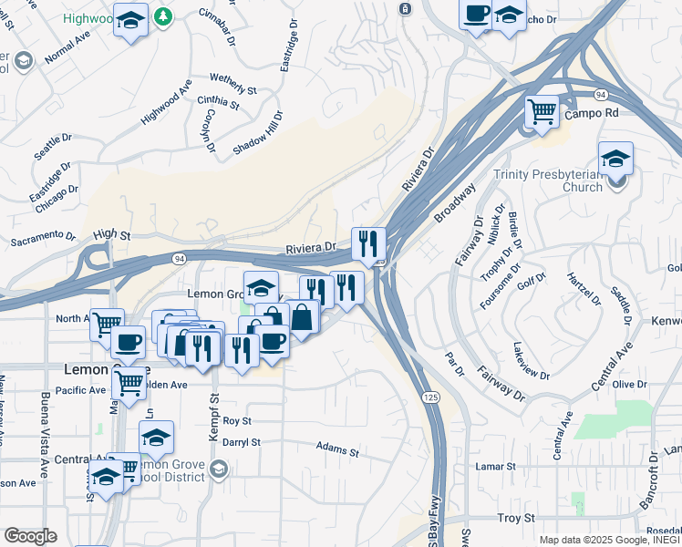 map of restaurants, bars, coffee shops, grocery stores, and more near 3762 Milton Road in Lemon Grove
