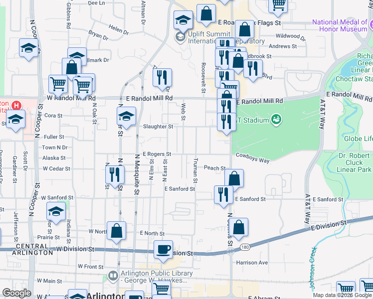 map of restaurants, bars, coffee shops, grocery stores, and more near 805 Web Street in Arlington