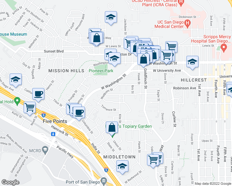 map of restaurants, bars, coffee shops, grocery stores, and more near 1326 Sutter Street in San Diego