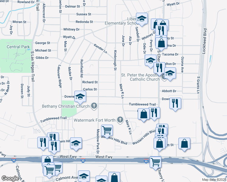 map of restaurants, bars, coffee shops, grocery stores, and more near 1300 Kimbrough Street in White Settlement