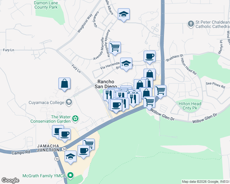 map of restaurants, bars, coffee shops, grocery stores, and more near 11382 Via Rancho San Diego in El Cajon