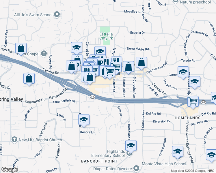 map of restaurants, bars, coffee shops, grocery stores, and more near 9860 Dale Avenue in Spring Valley