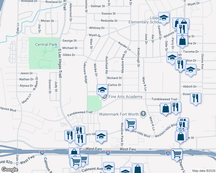 map of restaurants, bars, coffee shops, grocery stores, and more near 1301 Rumfield Road in White Settlement