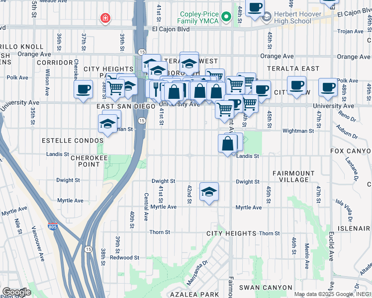 map of restaurants, bars, coffee shops, grocery stores, and more near 3720 42nd Street in San Diego