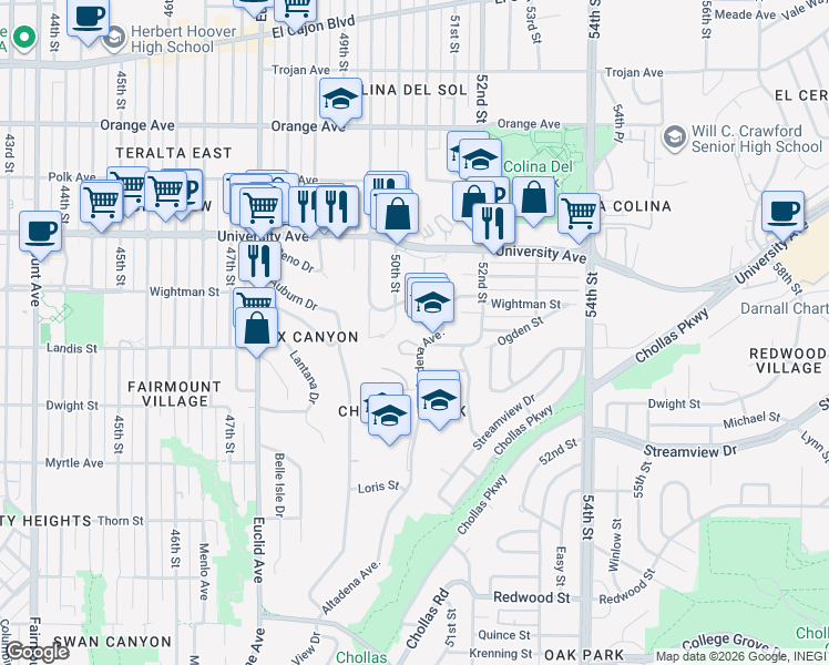 map of restaurants, bars, coffee shops, grocery stores, and more near 3768 50th Street in San Diego