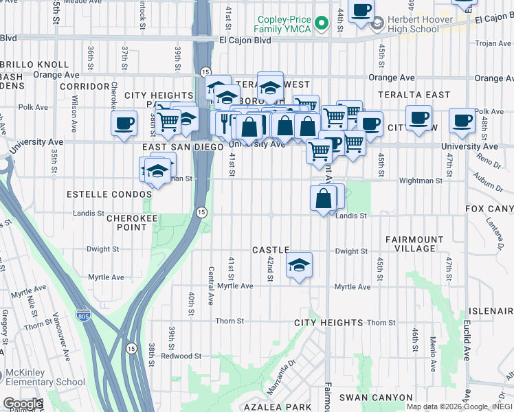 map of restaurants, bars, coffee shops, grocery stores, and more near 3720 42nd Street in San Diego