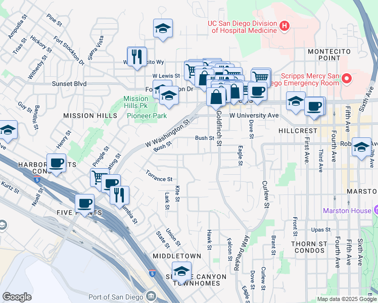 map of restaurants, bars, coffee shops, grocery stores, and more near 1136 Sutter Street in San Diego