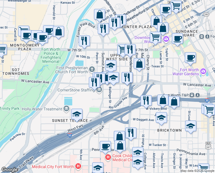 map of restaurants, bars, coffee shops, grocery stores, and more near 1201 Summit Avenue in Fort Worth