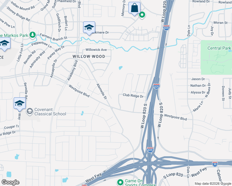 map of restaurants, bars, coffee shops, grocery stores, and more near 1309 Alemeda Court in Fort Worth