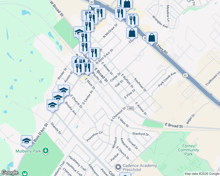 map of restaurants, bars, coffee shops, grocery stores, and more near 405 East Broad Street in Forney