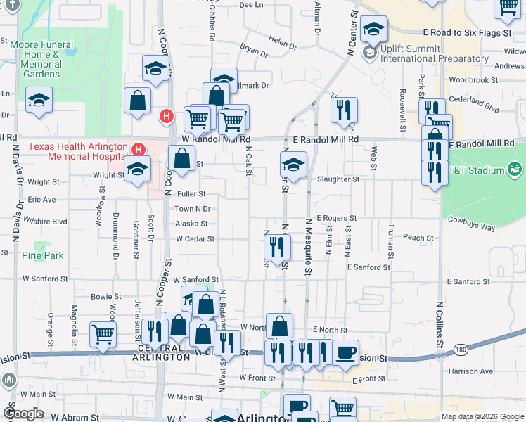 map of restaurants, bars, coffee shops, grocery stores, and more near 805 North Oak Street in Arlington