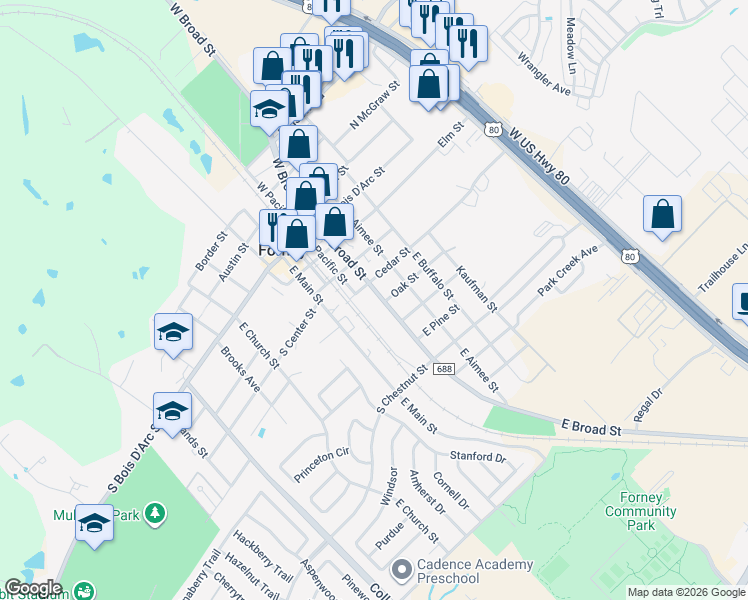 map of restaurants, bars, coffee shops, grocery stores, and more near 405 E Broad St in Forney