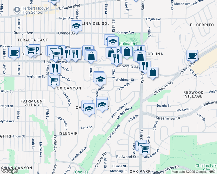 map of restaurants, bars, coffee shops, grocery stores, and more near 5164 Landis Street in San Diego