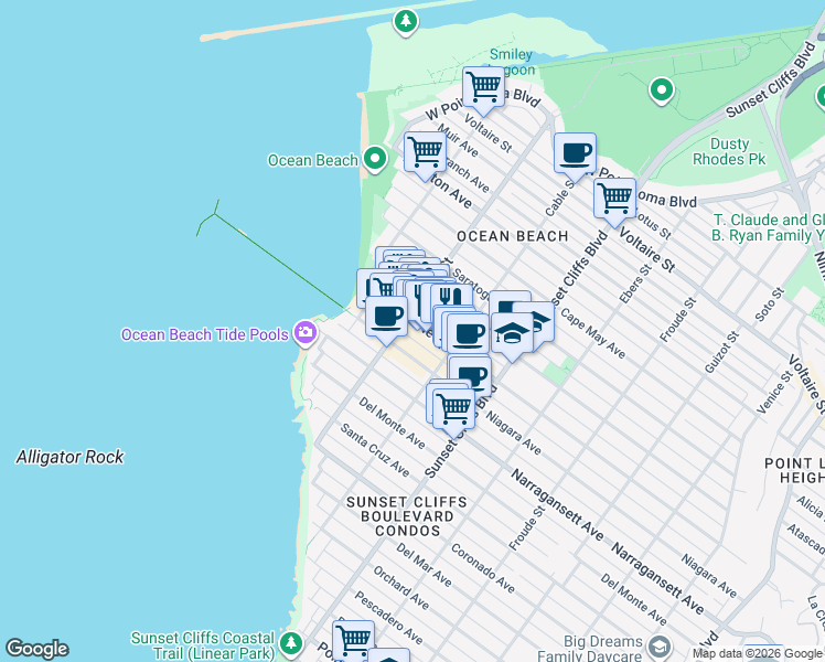 map of restaurants, bars, coffee shops, grocery stores, and more near 4975 Newport Avenue in San Diego