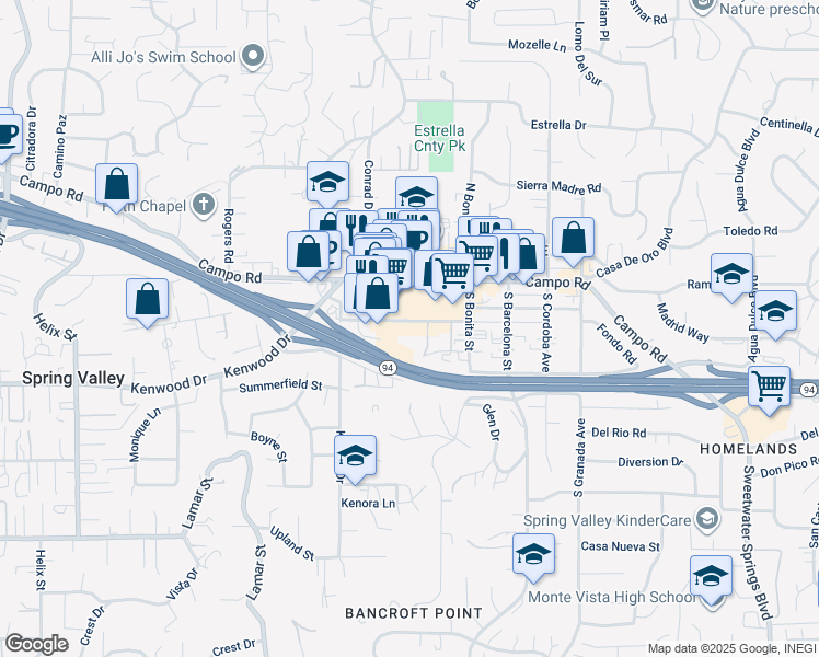 map of restaurants, bars, coffee shops, grocery stores, and more near 9830 Dale Avenue in Spring Valley