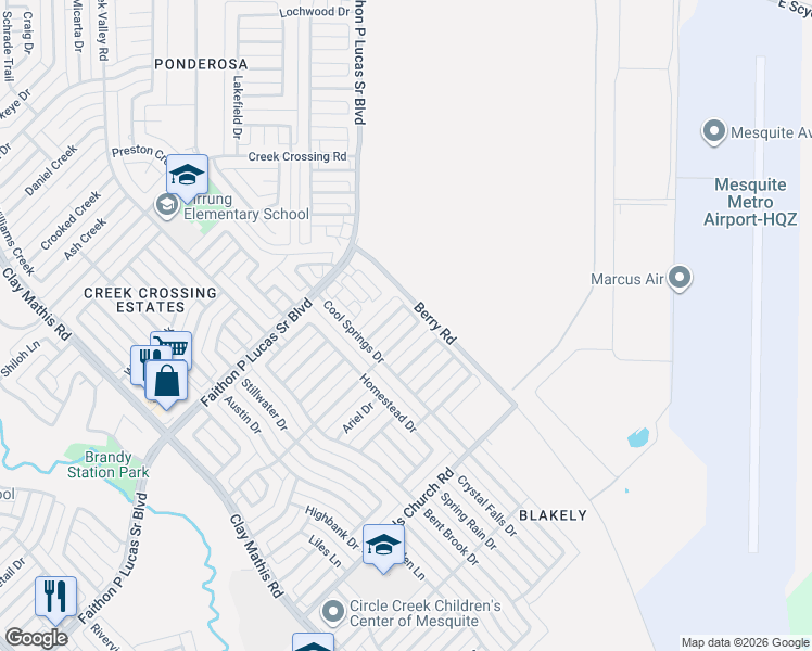 map of restaurants, bars, coffee shops, grocery stores, and more near 1416 Clearview Drive in Mesquite