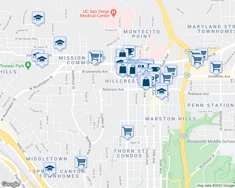 map of restaurants, bars, coffee shops, grocery stores, and more near 3768 Front Street in San Diego