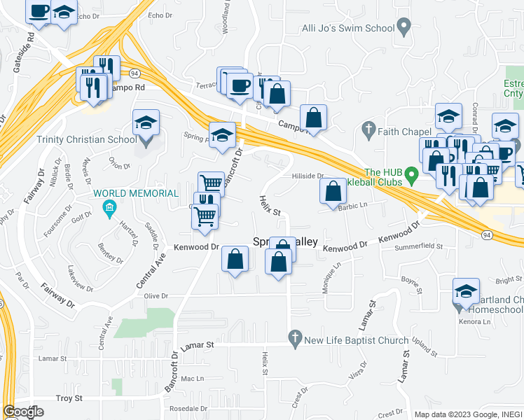 map of restaurants, bars, coffee shops, grocery stores, and more near 3660 Helix Street in Spring Valley