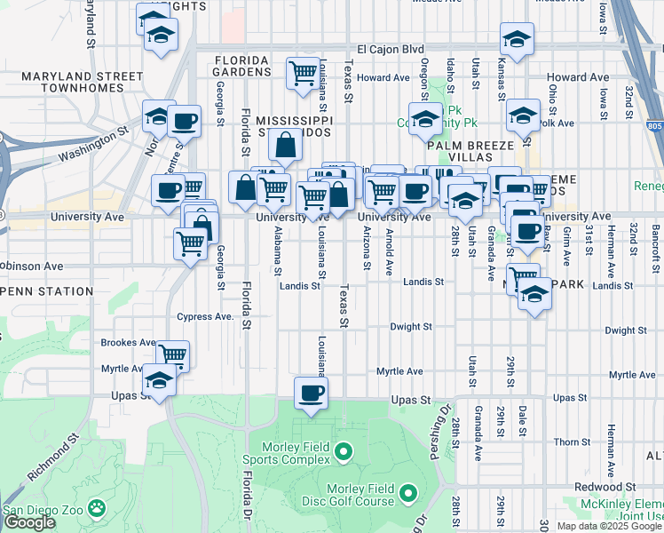 map of restaurants, bars, coffee shops, grocery stores, and more near 3741 Louisiana Street in San Diego