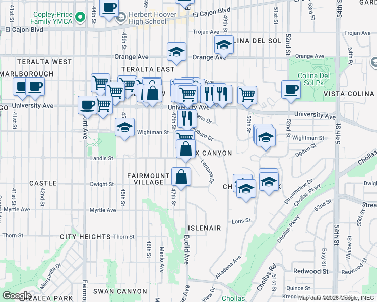 map of restaurants, bars, coffee shops, grocery stores, and more near 4780 Lantana Drive in San Diego